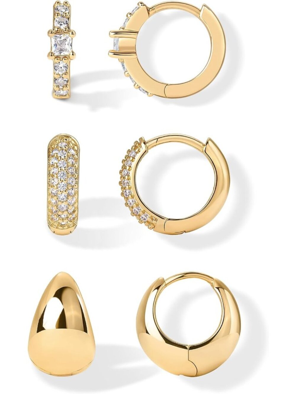 18K Gold Plated Huggie Hoop Earrings Set of 3 for Women, CZ Stone Piercings